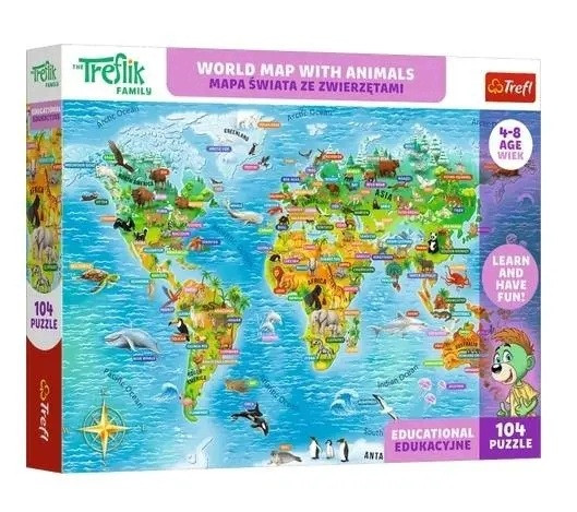 Puzzle Trefl 104 Trefliki Mapa świata Zwierzęta