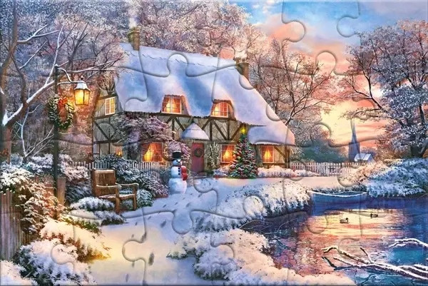 PUZZLOWA KARTKA ZIMA ŚNIEG WIDOK CHATKA CASTOR