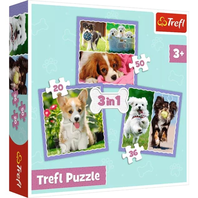 Trefl Puzzle 3w1 Urocze pieski Zwierzęta 34854