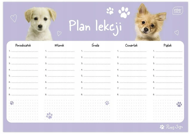 Plan lekcji A4 tygodniowy plan zajęć dla dzieci PUPPY dziewczęcy Interdruk_1