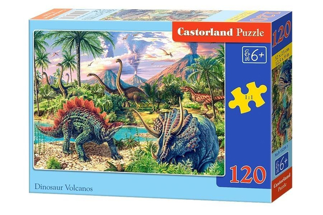 PUZZLE 120EL. DINOZAURY PRZY WULKANACH KRAJOBRAZ UKŁADANKA KLASYCZNA 6+