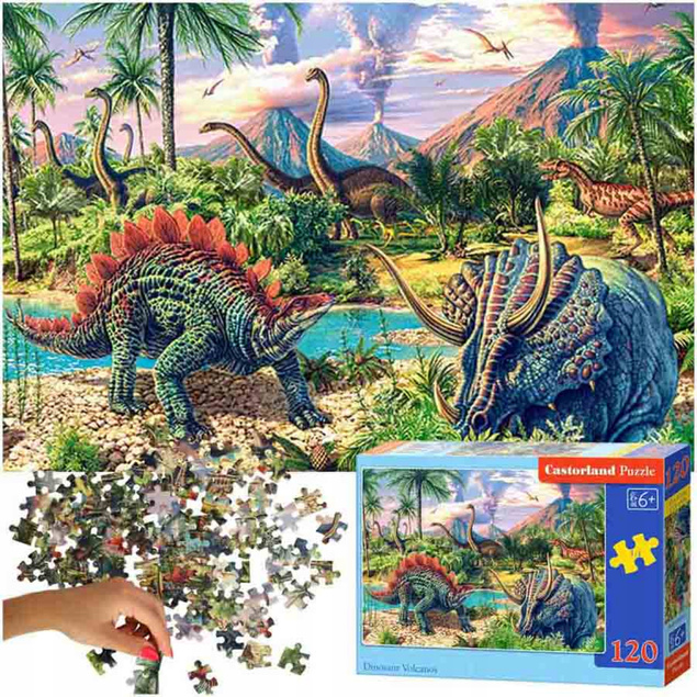 PUZZLE 120EL. DINOZAURY PRZY WULKANACH KRAJOBRAZ UKŁADANKA KLASYCZNA 6+