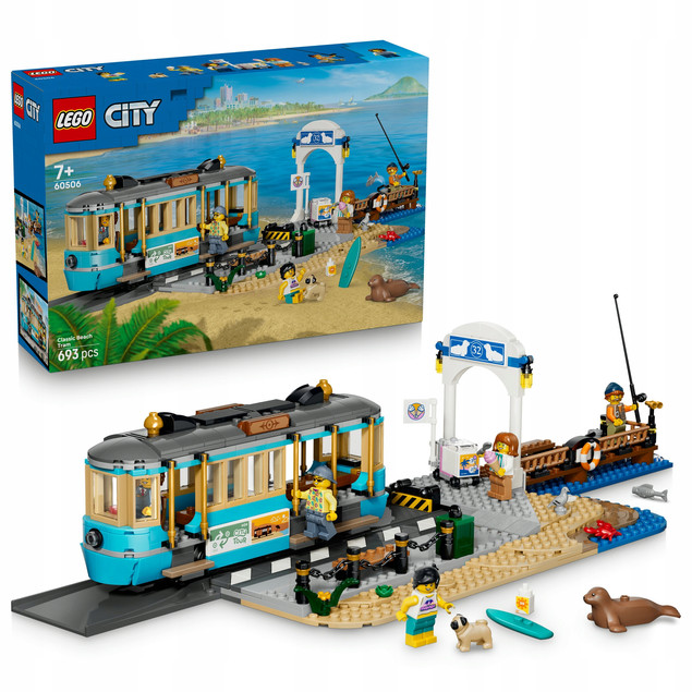 LEGO City 60506 Tramwaj przy plaży – Zestaw klocków z minifigurkami i zwierzętami