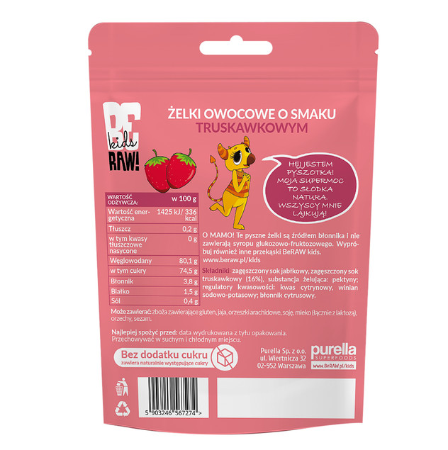 BeRAW Kids Żelki Truskawkowe bez cukru Truskawka 35g Purella