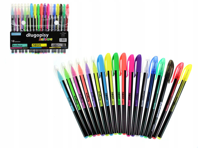 DŁUGOPISY ŻELOWE ZESTAW 18 KOLORÓW MIX KREDOWE NEONOWE METALICZNE DO SZKOŁY