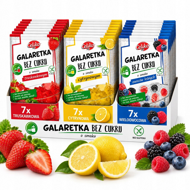 Galaretka Celiko BEZ CUKRU Truskawkowa, Cytrynowa, Owoce leśne MIX 21 szt.