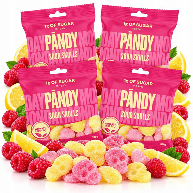 PANDY Żelki Sour Skulls Kwaśne Malinowo-Cytrynowe Bez Cukru 50 g x4