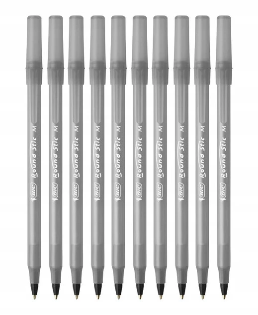 10x Długopis Srebrny BIC Round Stic Medium Classic CZARNY Tusz 1,0mm ZESTAW