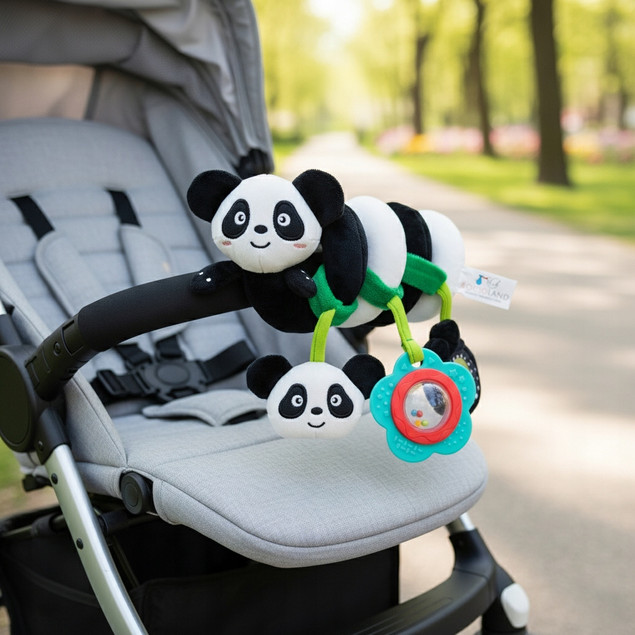 Zawieszka do Wózka PANDA Spiralna Sensoryczna z Lusterkiem i Grzechotką 0m+