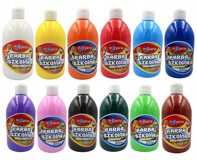Zestaw FARB SZKOLNYCH Farba Wodna 12 Kolorów 500ml Inspiria