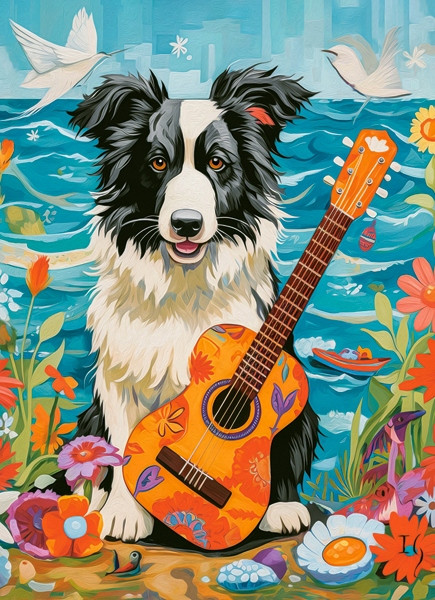Puzzle 100 Układanka PIES Zwierzęta Border Collie Gitara Muzyka 6+ Castor
