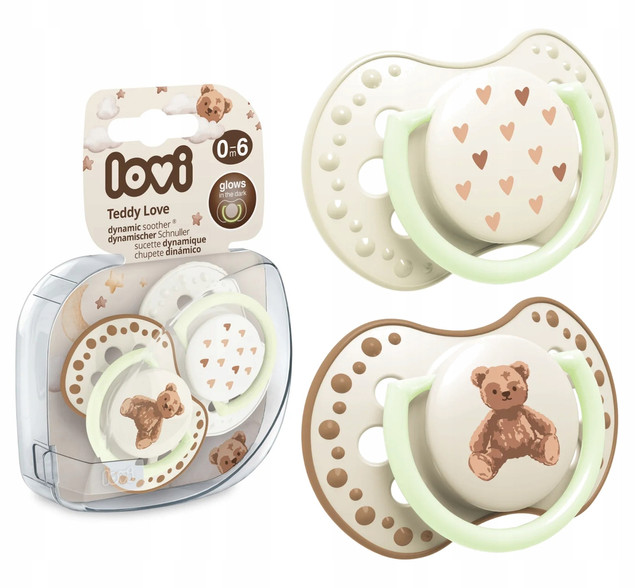 Smoczek Silikonowy Dynamiczny LOVI 0-6m 2 szt. MIŚ Teddy Love Świecący