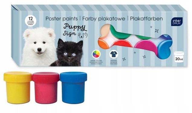 FARBY PLAKATOWE 12kolorów 20ml. INTENSYWNE PIESKI KOTKI INTERDRUK