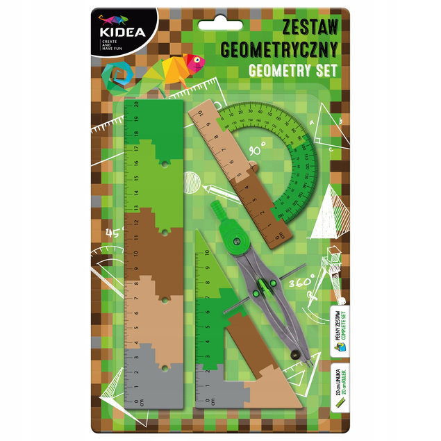 Zestaw Geometryczny 4 Elementy 20 cm CYRKIEL EKIERKA KĄTOMIERZ Moro Kidea