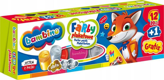 Farby Plakatowe Szkolne 12 Kolorów Złota i Srebrna +1 Cielista 20ml Bambino