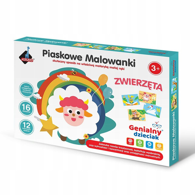 Askato Genialny Dzieciak: Piaskowe Malowanki Zwierzątka 16 Obrazków Kreatywny Zestaw