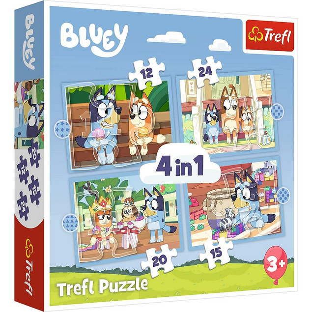 Trefl Puzzle 4w1 Bluey i jej świat – Zestaw Układanek dla Dzieci 4+