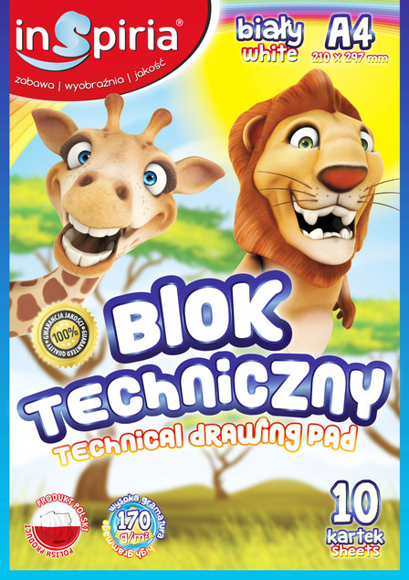BLOK TECHNICZNY SZKOLNY GRUBY PAPIER FORMAT A4 10 KARTEK BIAŁY 170 G