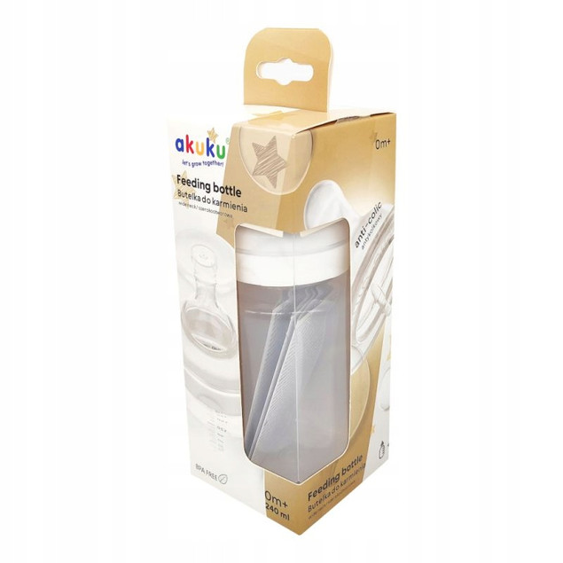AKUKU Butelka Szeroka Antykolkowa Smoczek Do Karmienia 240ml 0m+ A0107