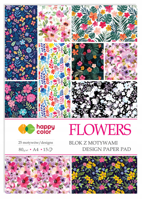 Blok Ozdobny Papier Happy Color KWIATY A4 80g 15 Arkuszy z Motywami FLOWERS