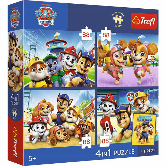 Trefl Puzzle Psi Patrol 4w1 Psia Straż 4x88 el. + Plakat