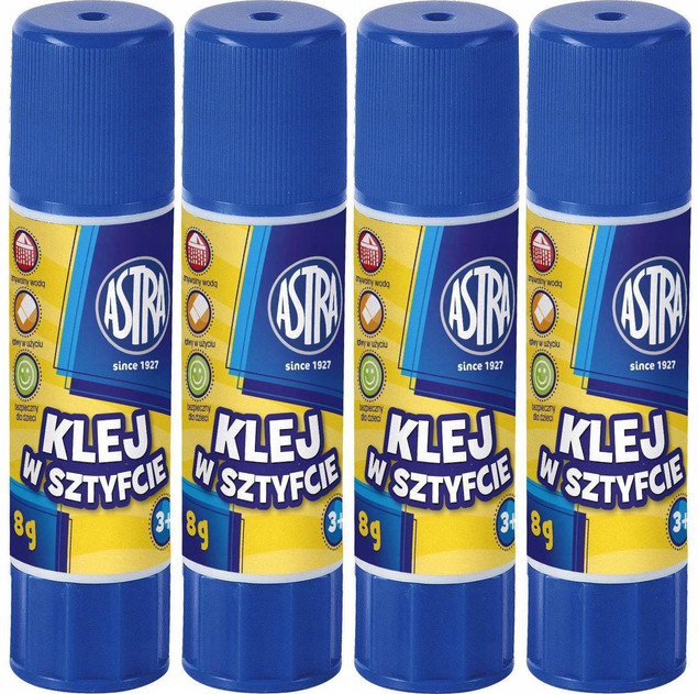 4x KLEJ W SZTYFCIE Szkolny Biurowy Mocny Zmywalny Bezbarwny 8g 3+ Astra
