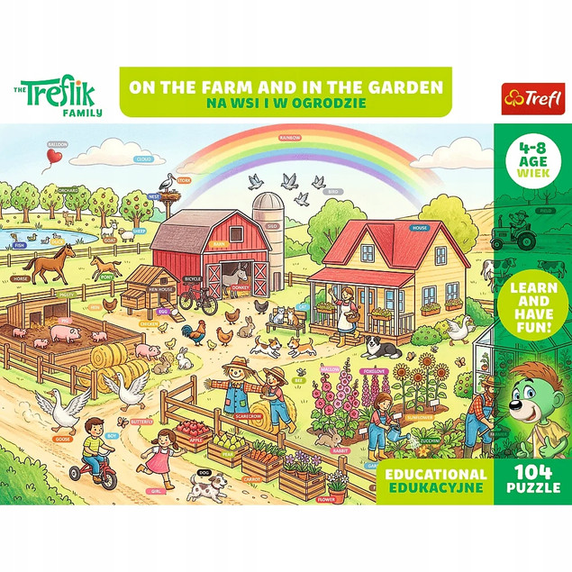 Trefl Puzzle Rodzina Treflików, Edukacyjne 104 el. Na wsi i w ogrodzie