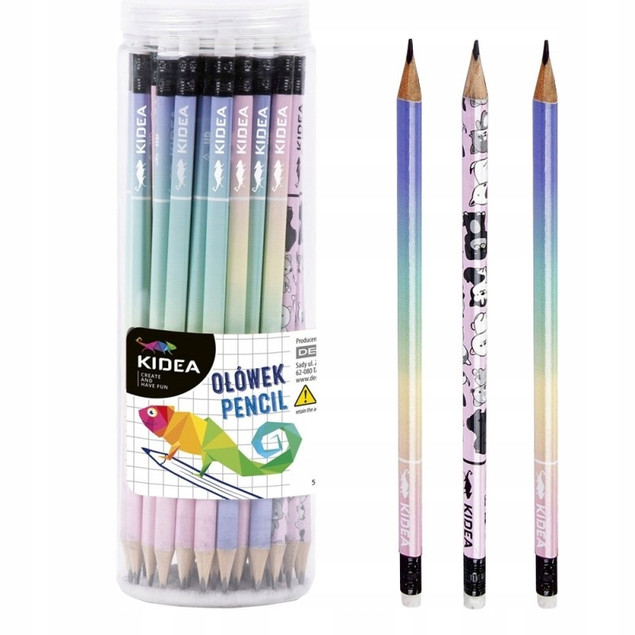Ołówek Szkolny Trójkątny Z Gumką Twardość HB PASTELOWY ZWIERZĘTA Kidea x48