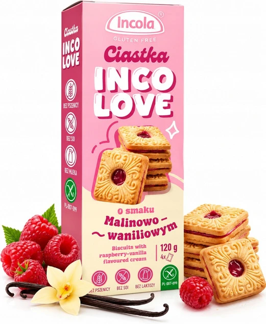Incola Bezglutenowe Ciastka Malina Wanilia 120g - widok z góry