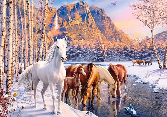 Puzzle 500 Zima KONIE Góry Rzeka Las - Castorland