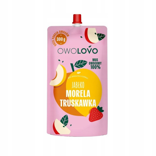 OWOLOVO Mus Owocowy 100% JABŁKO MORELA TRUSKAWKA Bez Dodatku Cukru 300g