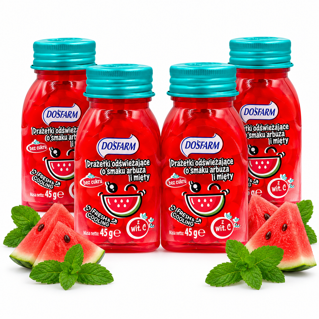 Dosfarm Drażetki odświeżające Arbuz & Mięta 4x45g — zestaw orzeźwiający bez cukru