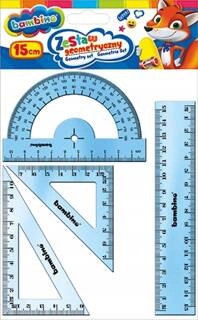 Przybory Geometryczne 15cm 4 Elementy Ekierka Kątomierz Linijka Bambino