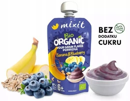 MIXIT BIO Kaszka Naturalna BANAN JAGODA Płatki Czteroziarniste 110g 6M+