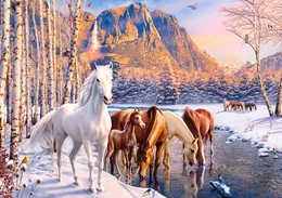 Puzzle 500 Zima KONIE Góry Rzeka Las - Castorland