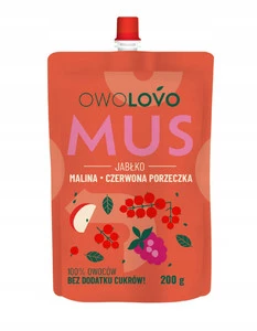 OWOLOVO PREMIUM mus owocowy JABŁKO MALINA PORZECZKA 200g SMAK 3 owoce