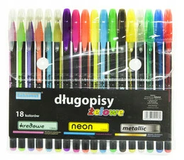 DŁUGOPISY ŻELOWE ZESTAW 18 KOLORÓW MIX KREDOWE NEONOWE METALICZNE DO SZKOŁY