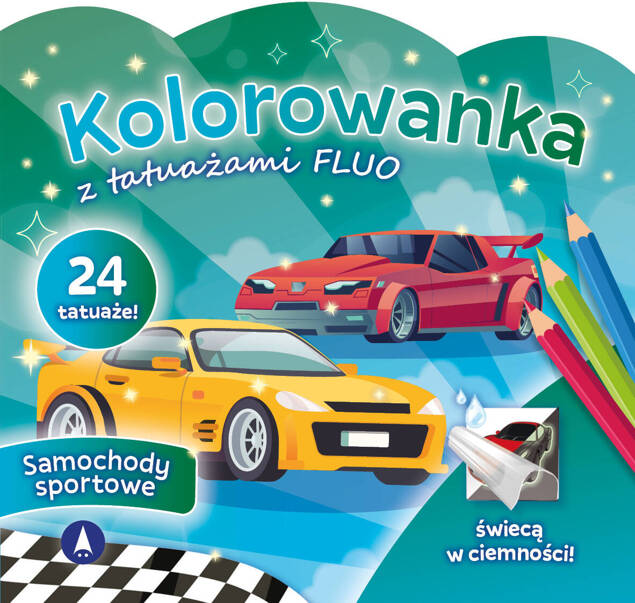 Kolorowanka z tatuażami FLUO SAMOCHODY Sportowe ŚWIECĄ W Ciemności Skrzat