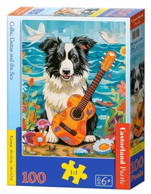 Puzzle 100 Układanka PIES Zwierzęta Border Collie Gitara Muzyka 6+ Castor