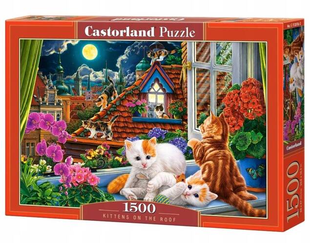 Puzzle 1500 Układanka Koty KOTKI Dach Okno Obraz Kwiaty Zwierzęta 9+ Castor